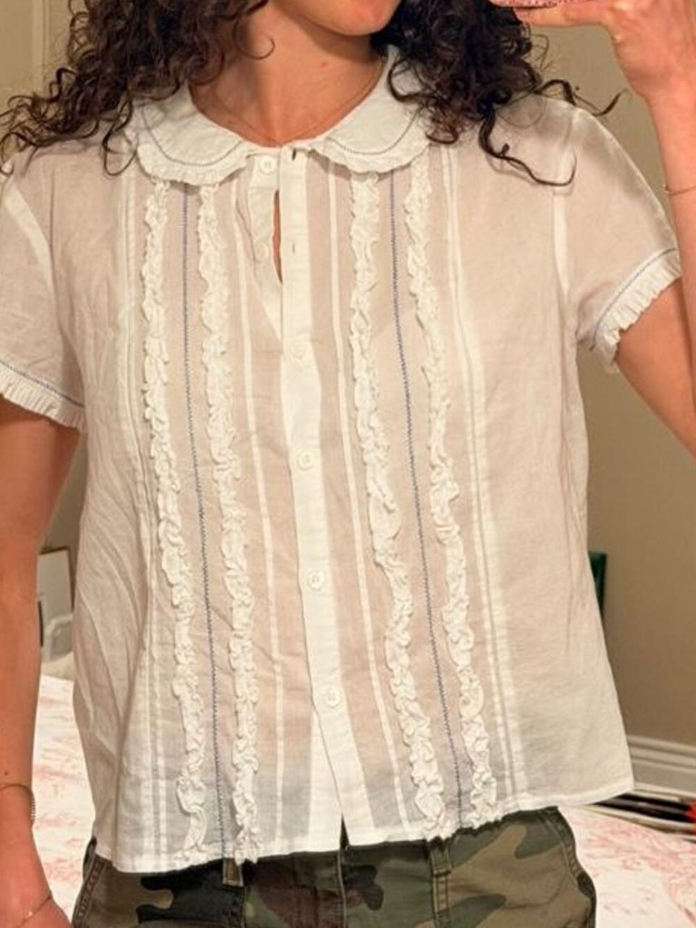 Isalis White Lace Trim Baby Doll Ruffle Blouse Size L